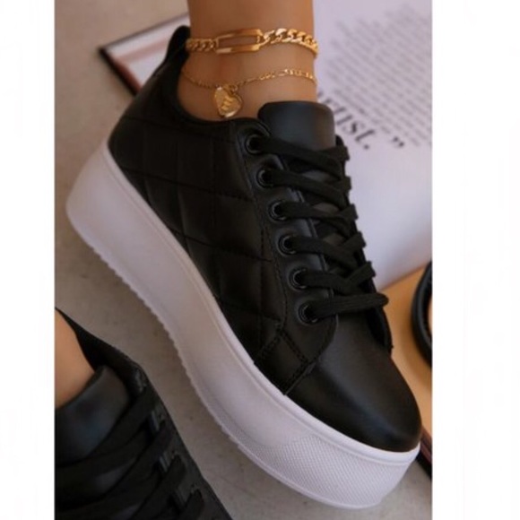 Shoe Affair Shoes - !! NEW !! Black Quilted Vegan Leather Platform Sneakers